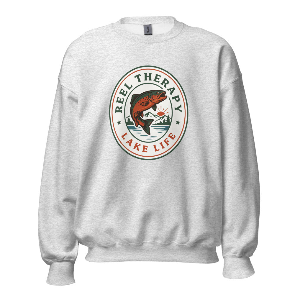 Reel Therapy retro national-park trout badge fishing crewneck sweatshirt — Ash, front