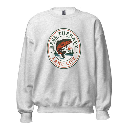 Reel Therapy retro national-park trout badge fishing crewneck sweatshirt — Ash, front