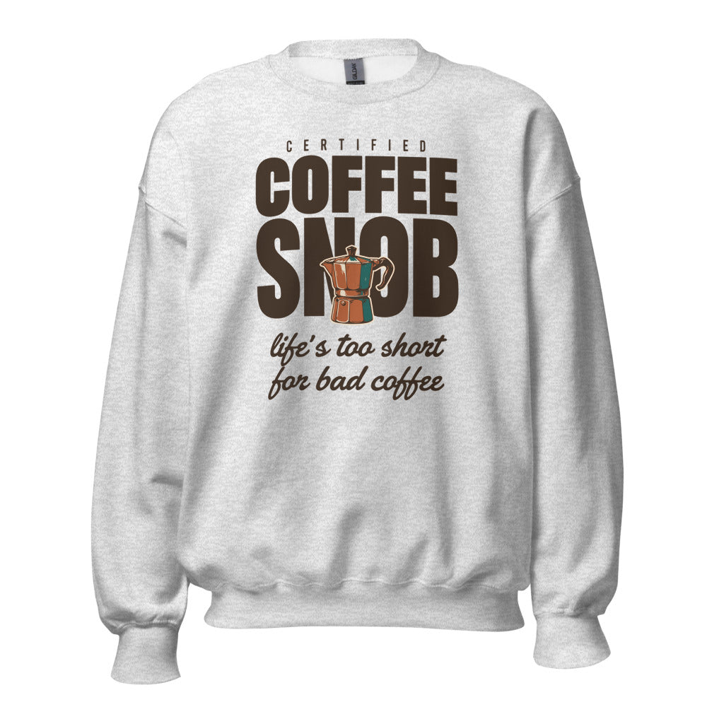 Certified Coffee Snob coffee crewneck sweatshirt — Ash, front