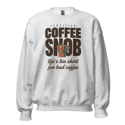 Certified Coffee Snob coffee crewneck sweatshirt — Ash, front