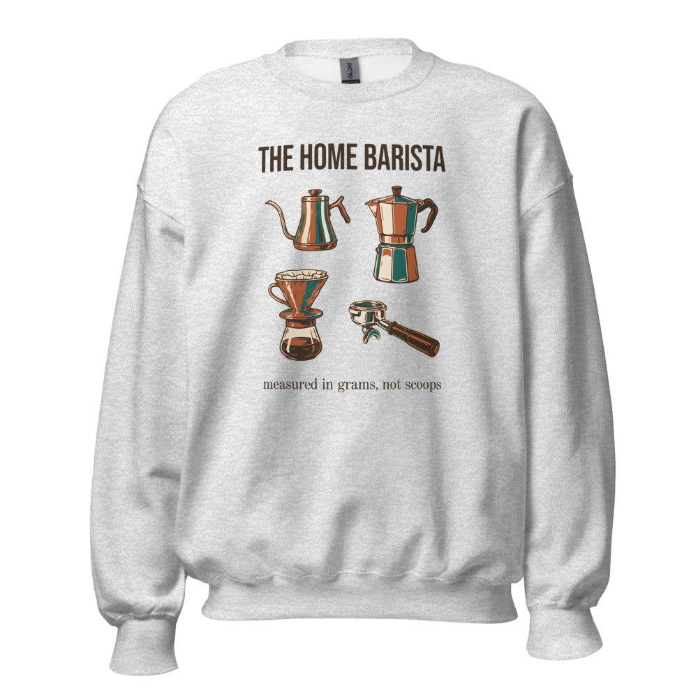 The Home Barista specialty coffee crewneck sweatshirt — Ash, front