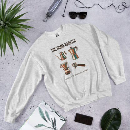 The Home Barista specialty coffee crewneck sweatshirt — Ash, front-right