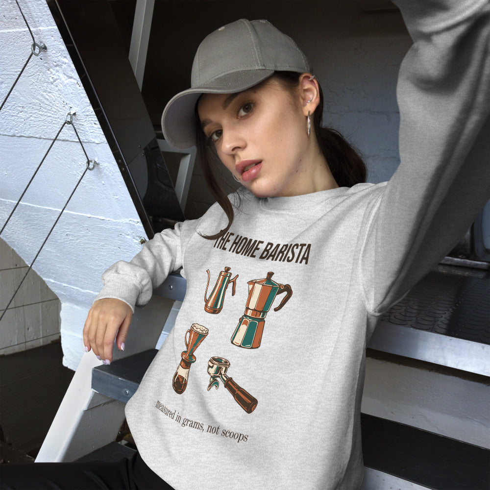 The Home Barista specialty coffee crewneck sweatshirt — Ash, on model