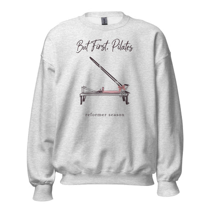 But First Pilates reformer line-art crewneck sweatshirt — Ash, front