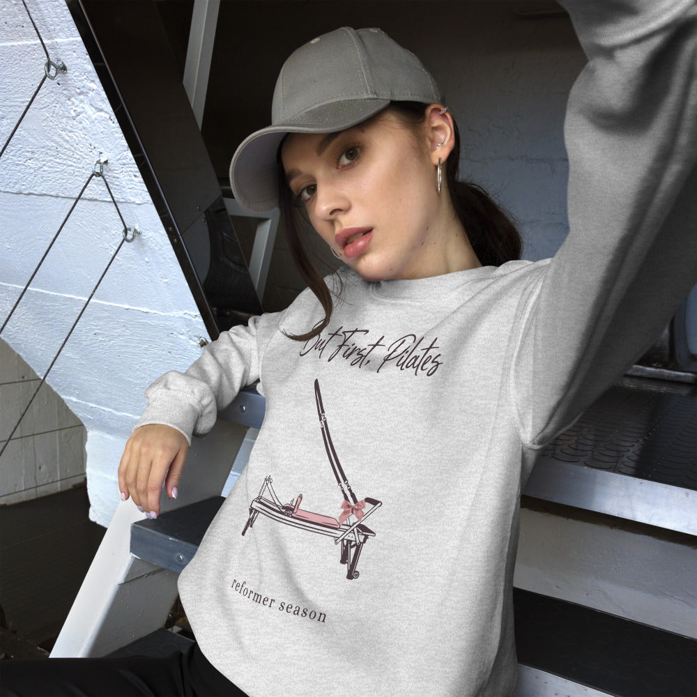 But First Pilates reformer line-art crewneck sweatshirt — Ash, on model