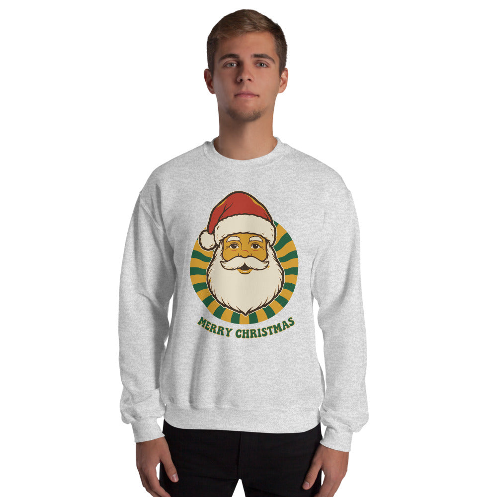 Groovy Santa retro Christmas crewneck sweatshirt — Ash, on model