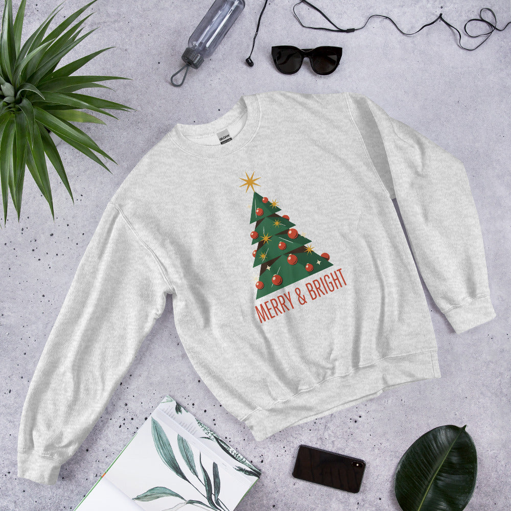 Atomic mid-century retro Christmas tree crewneck sweatshirt — Ash, front-right