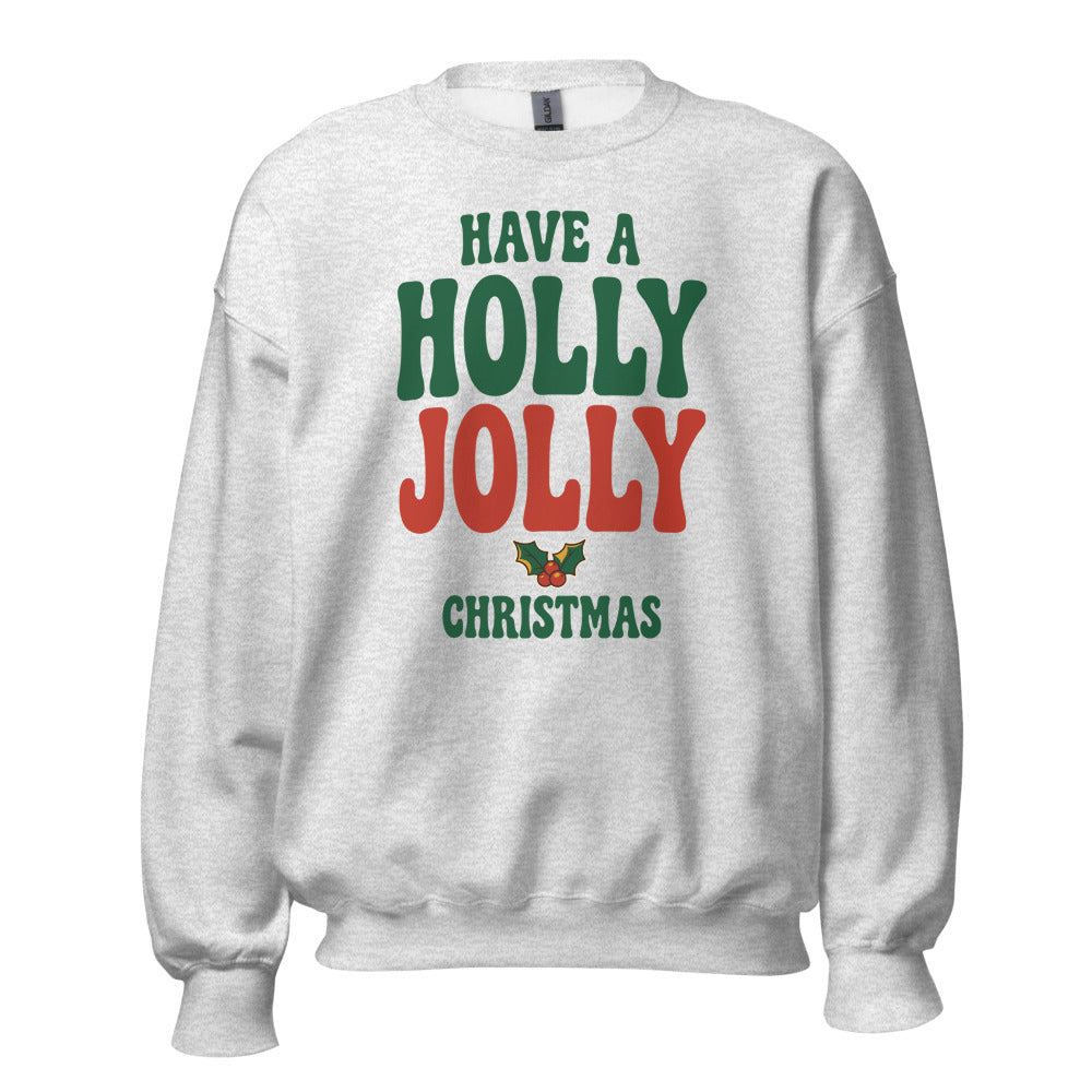 Groovy Holly Jolly retro Christmas crewneck sweatshirt — Ash, front