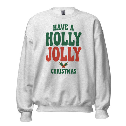 Groovy Holly Jolly retro Christmas crewneck sweatshirt — Ash, front