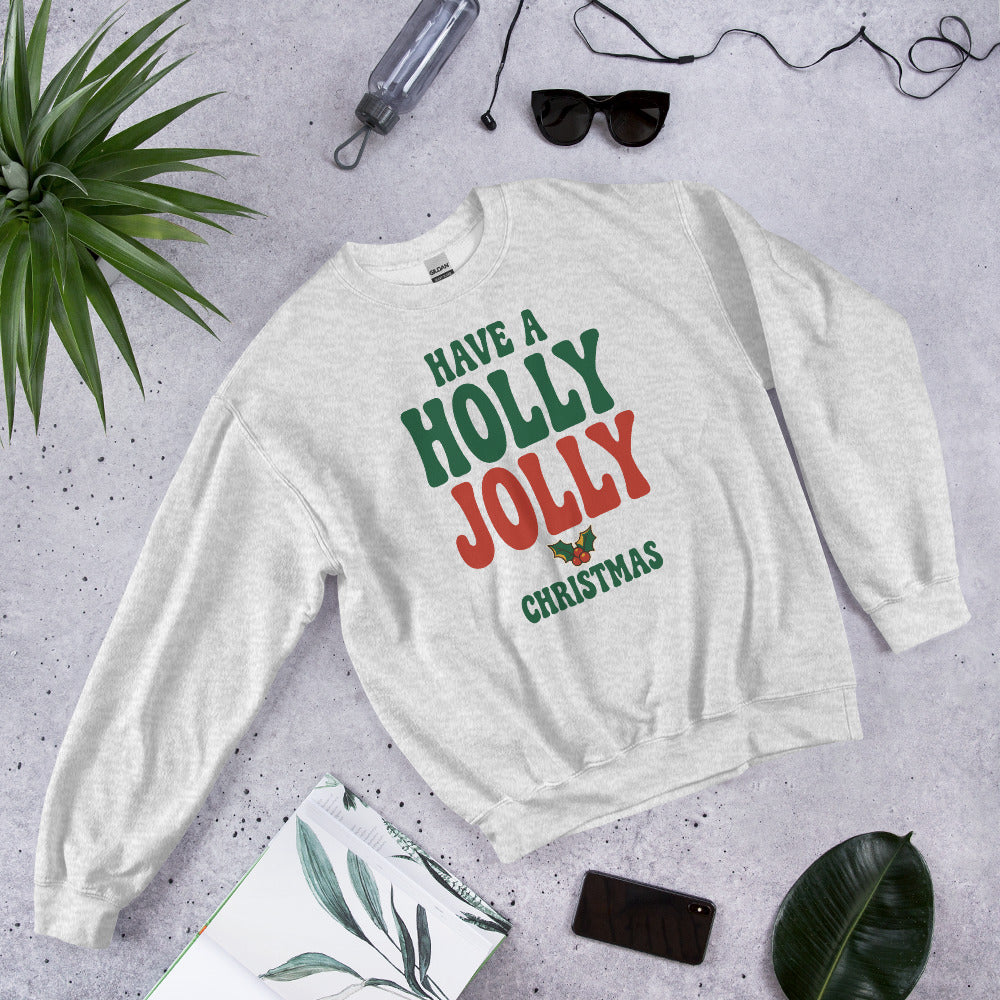 Groovy Holly Jolly retro Christmas crewneck sweatshirt — Ash, front-right