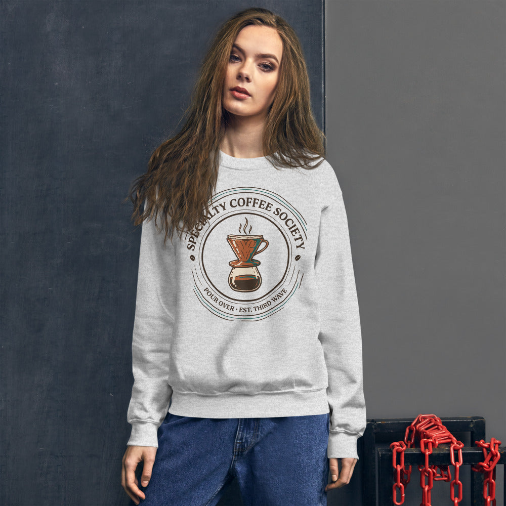 Specialty Coffee Society specialty coffee crewneck sweatshirt — Ash, on model