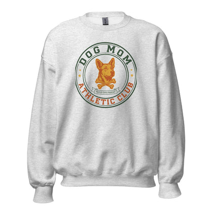 Dog Mom Athletic Club vintage varsity crest crewneck sweatshirt — Ash, front