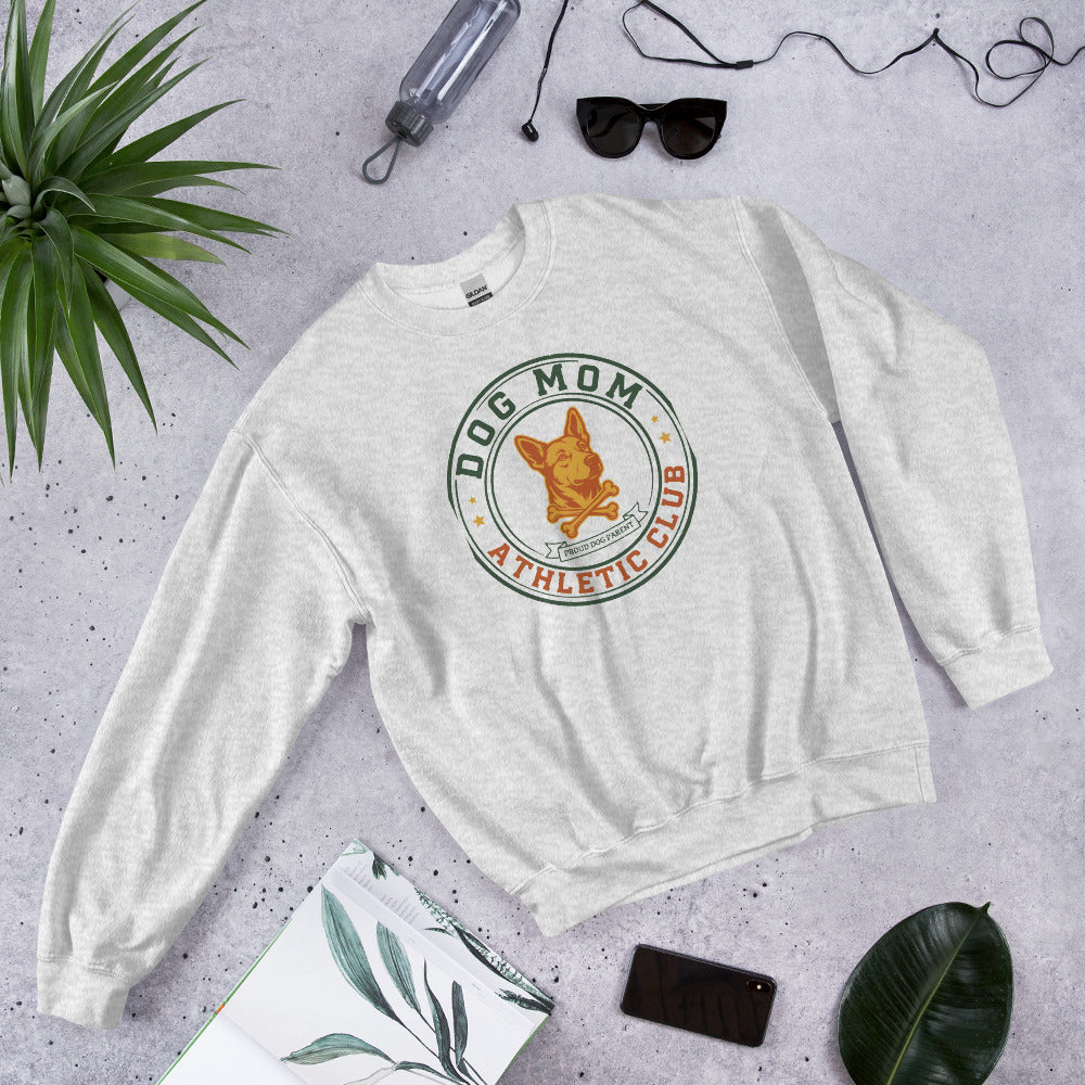 Dog Mom Athletic Club vintage varsity crest crewneck sweatshirt — Ash, front-right