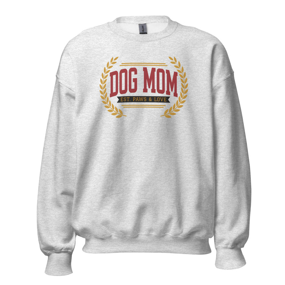 Dog Mom vintage varsity wordmark crewneck sweatshirt — Ash, front
