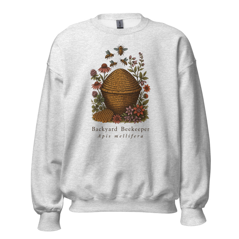 Backyard Beekeeper field-guide bee crewneck sweatshirt — Ash, front