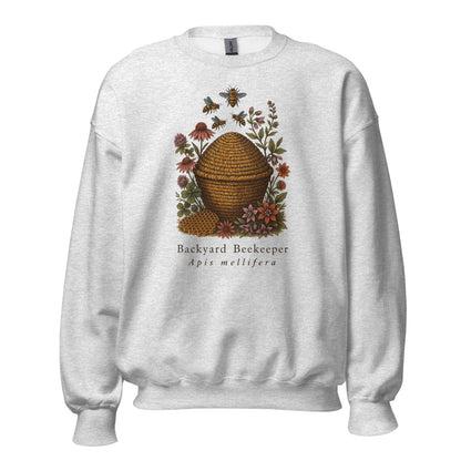 Backyard Beekeeper field-guide bee crewneck sweatshirt — Ash, front