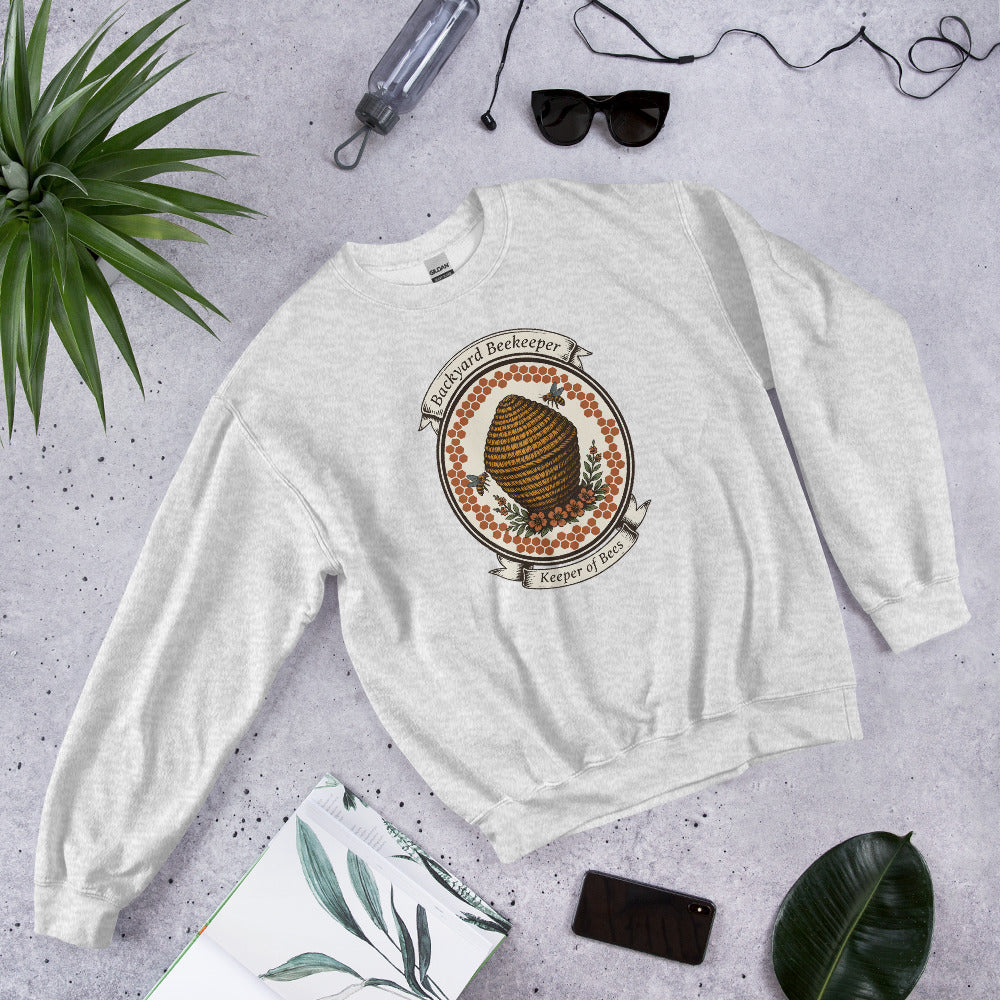 Backyard Beekeeper Keeper of Bees vintage apiary crest crewneck sweatshirt — Ash, front-right
