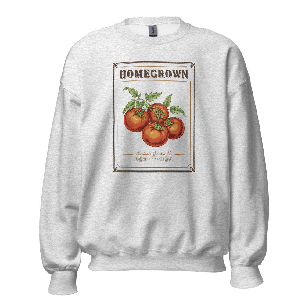 Homegrown Heirloom Seed Packet gardening crewneck sweatshirt — Ash, front