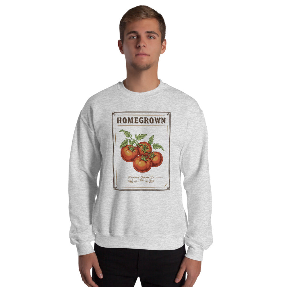Homegrown Heirloom Seed Packet gardening crewneck sweatshirt — Ash, on model