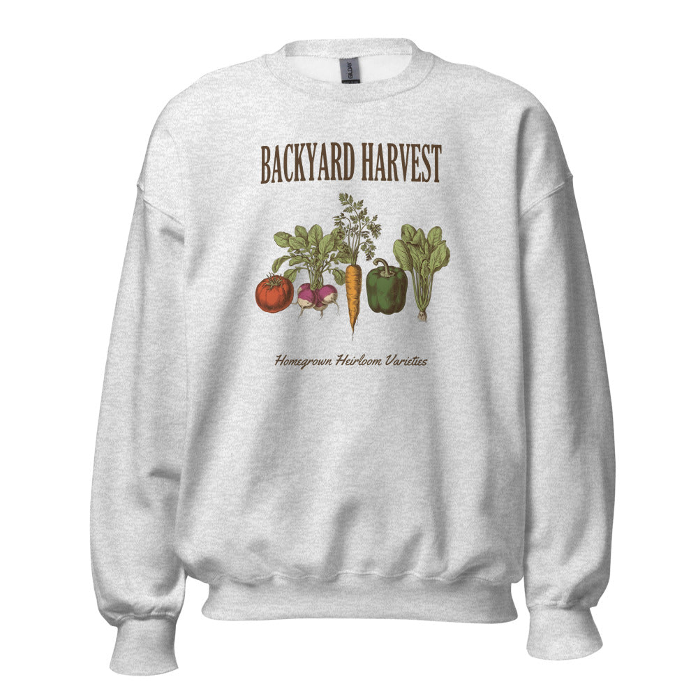 Backyard Harvest heirloom vegetable gardening crewneck sweatshirt — Ash, front