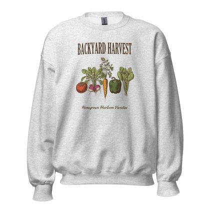 Backyard Harvest heirloom vegetable gardening crewneck sweatshirt — Ash, front