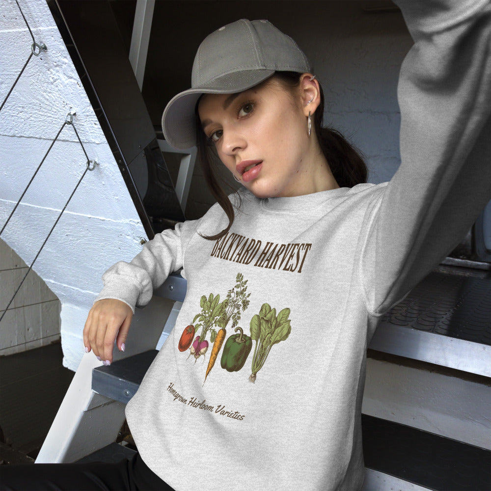 Backyard Harvest heirloom vegetable gardening crewneck sweatshirt — Ash, on model