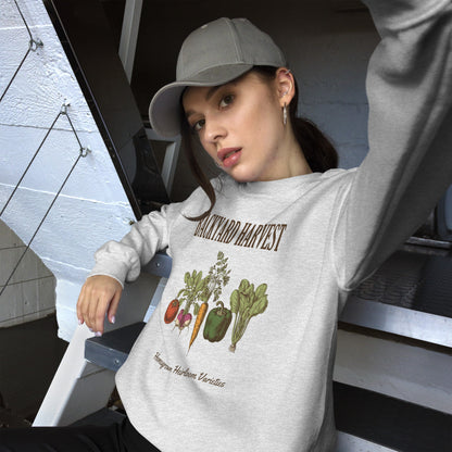 Backyard Harvest heirloom vegetable gardening crewneck sweatshirt — Ash, on model