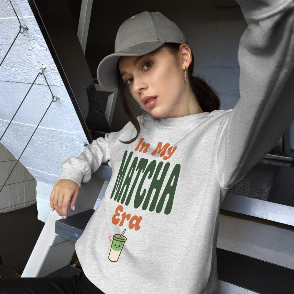 In My Matcha Era retro matcha crewneck sweatshirt — Ash, on model