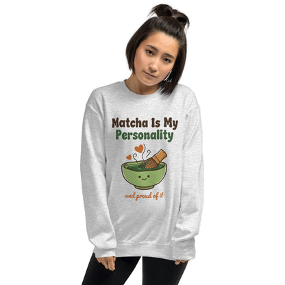 Matcha Is My Personality retro matcha crewneck sweatshirt — Ash, on model