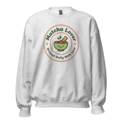 Matcha Lover retro café badge crewneck sweatshirt — Ash, front