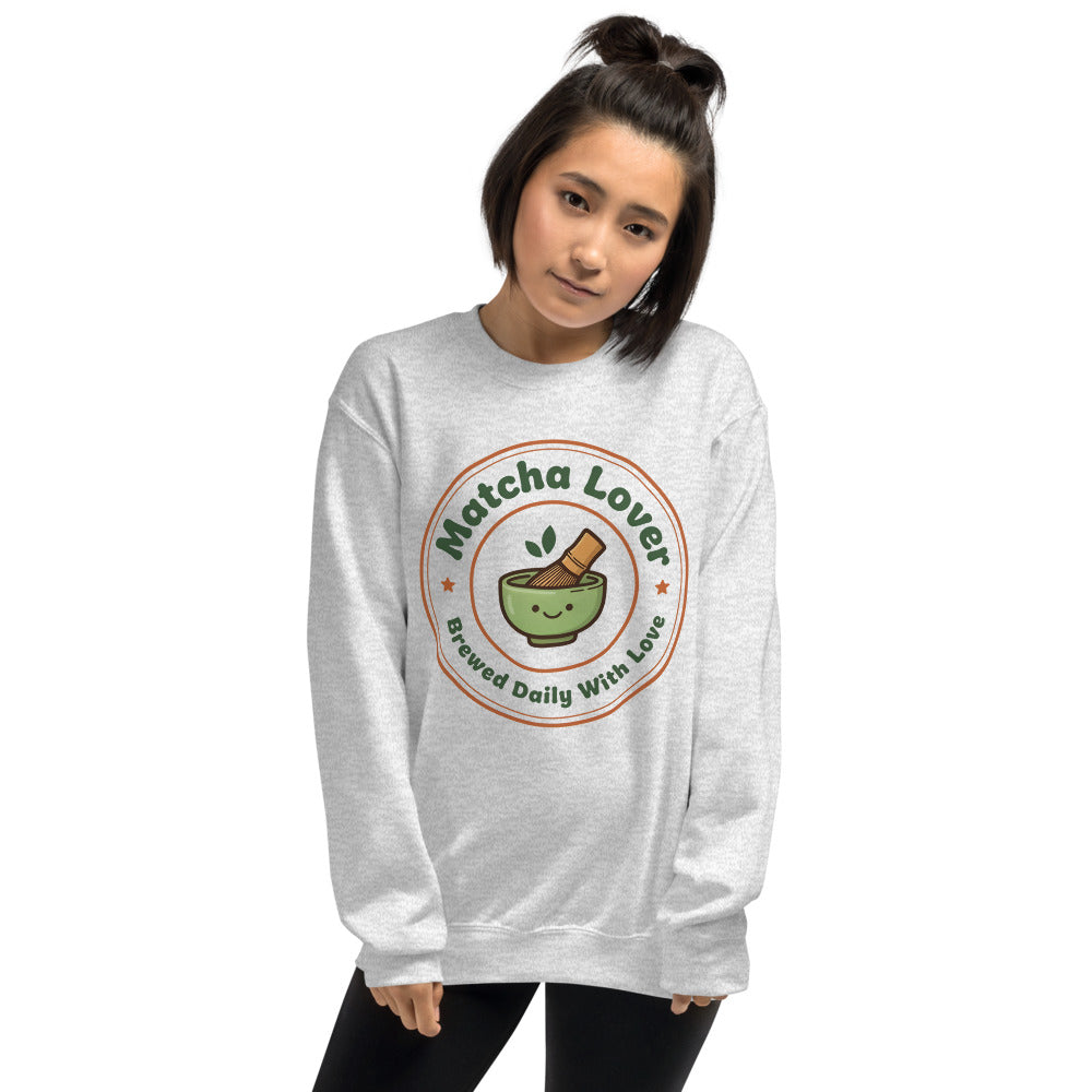Matcha Lover retro café badge crewneck sweatshirt — Ash, on model
