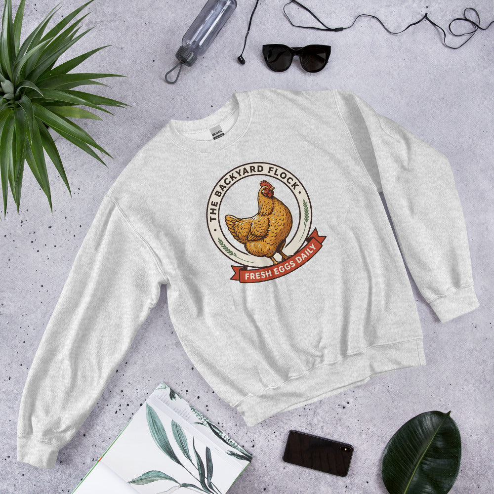Backyard Flock heritage chicken keeper crewneck sweatshirt — Ash, front-right