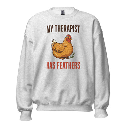 My Therapist Has Feathers funny chicken keeper crewneck sweatshirt — Ash, front