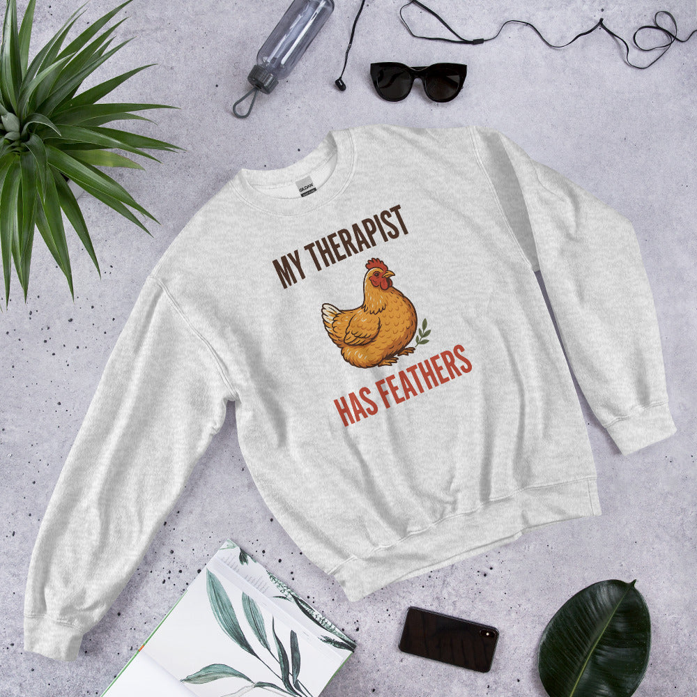 My Therapist Has Feathers funny chicken keeper crewneck sweatshirt — Ash, front-right