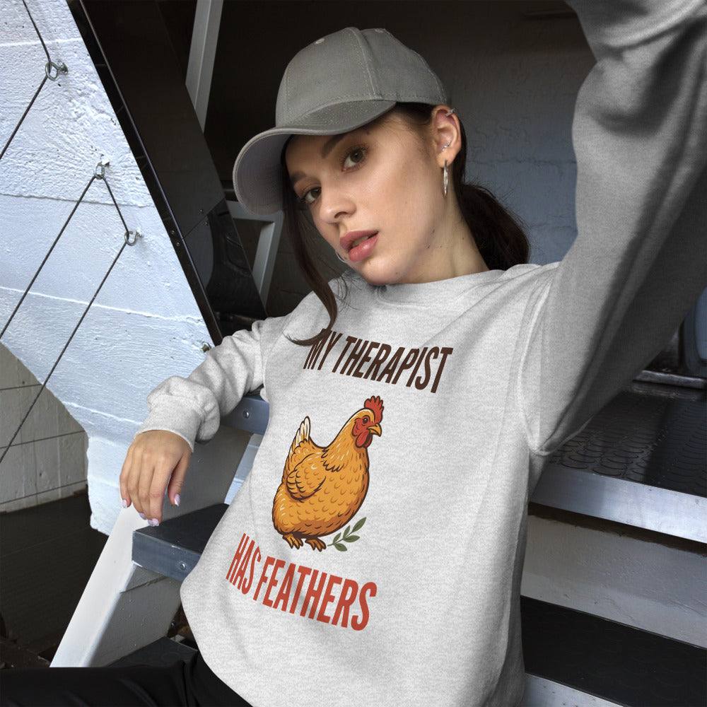 My Therapist Has Feathers funny chicken keeper crewneck sweatshirt — Ash, on model