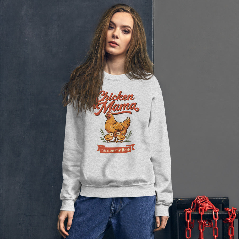 Chicken Mama raising my flock chicken keeper crewneck sweatshirt — Ash, on model