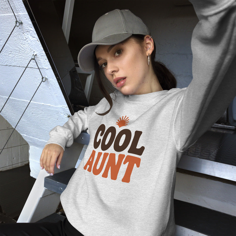 Cool Aunt retro groovy aunt crewneck sweatshirt — Ash, on model