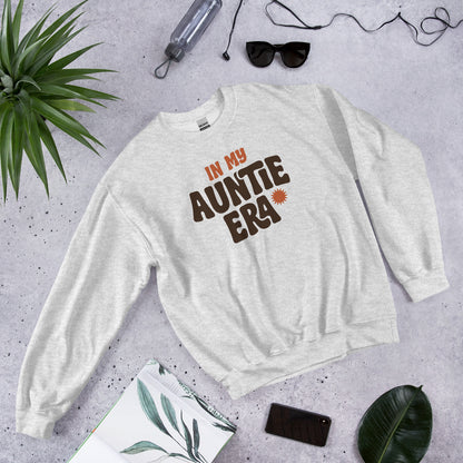 In My Auntie Era retro groovy aunt crewneck sweatshirt — Ash, front-right