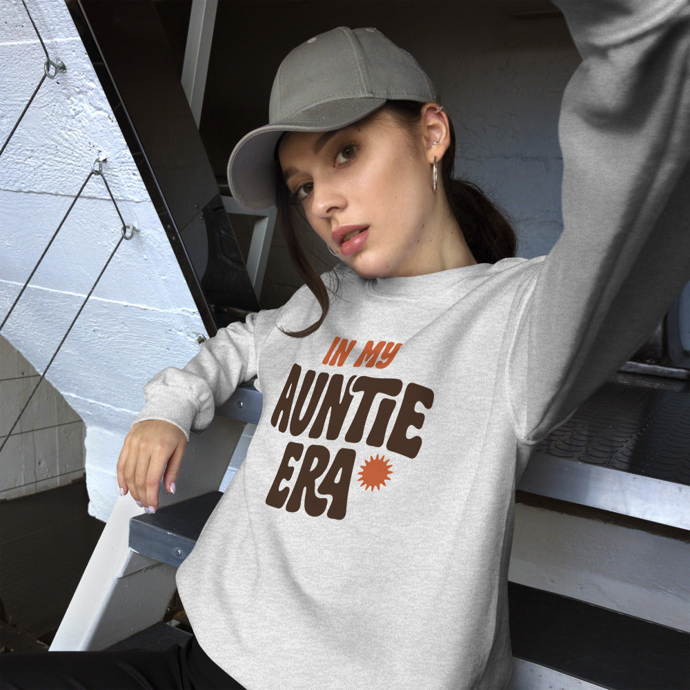 In My Auntie Era retro groovy aunt crewneck sweatshirt — Ash, on model