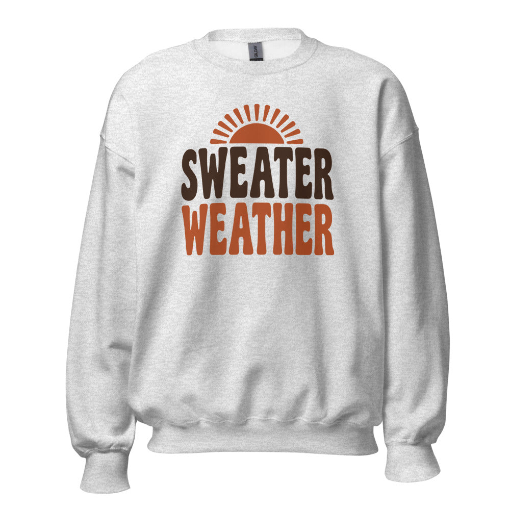 Sweater Weather retro 70s fall crewneck sweatshirt — Ash, front