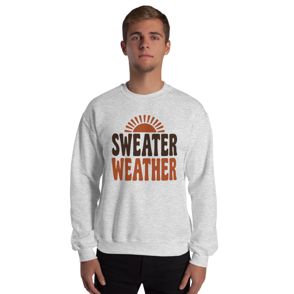 Sweater Weather retro 70s fall crewneck sweatshirt — Ash, on model