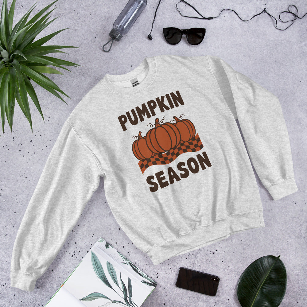 Pumpkin Season retro 70s fall crewneck sweatshirt — Ash, front-right