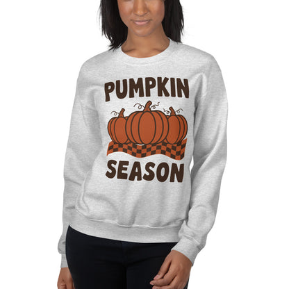 Pumpkin Season retro 70s fall crewneck sweatshirt — Ash, on model