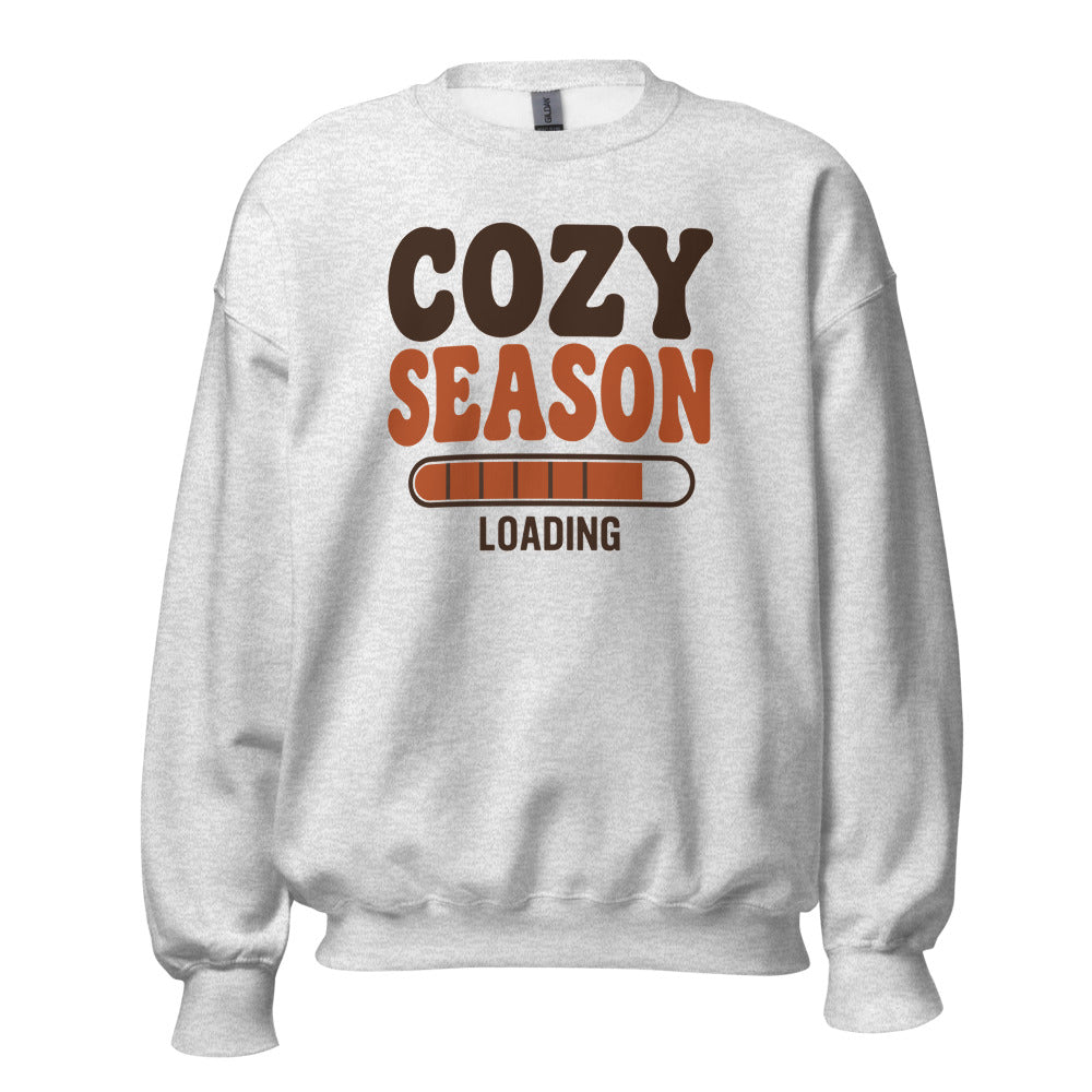 Cozy Season Loading retro 70s fall crewneck sweatshirt — Ash, front