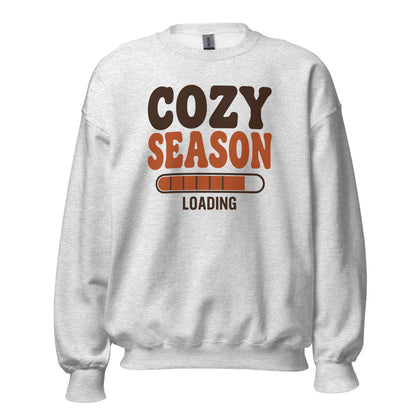 Cozy Season Loading retro 70s fall crewneck sweatshirt — Ash, front