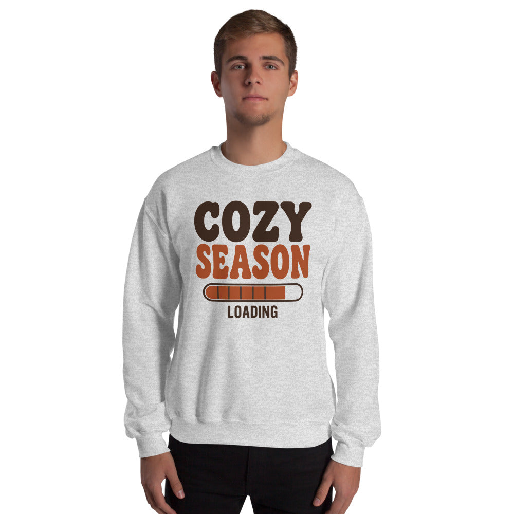 Cozy Season Loading retro 70s fall crewneck sweatshirt — Ash, on model