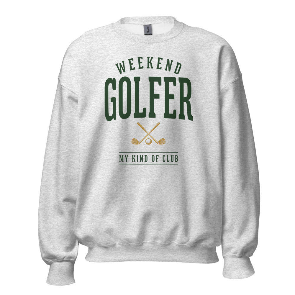 Weekend Golfer vintage golf wordmark crewneck sweatshirt — Ash, front