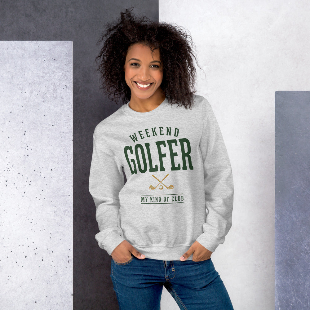 Weekend Golfer vintage golf wordmark crewneck sweatshirt — Ash, on model