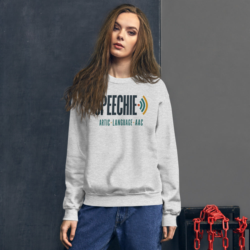 Speechie Wordmark speech therapy crewneck sweatshirt — Ash, on model
