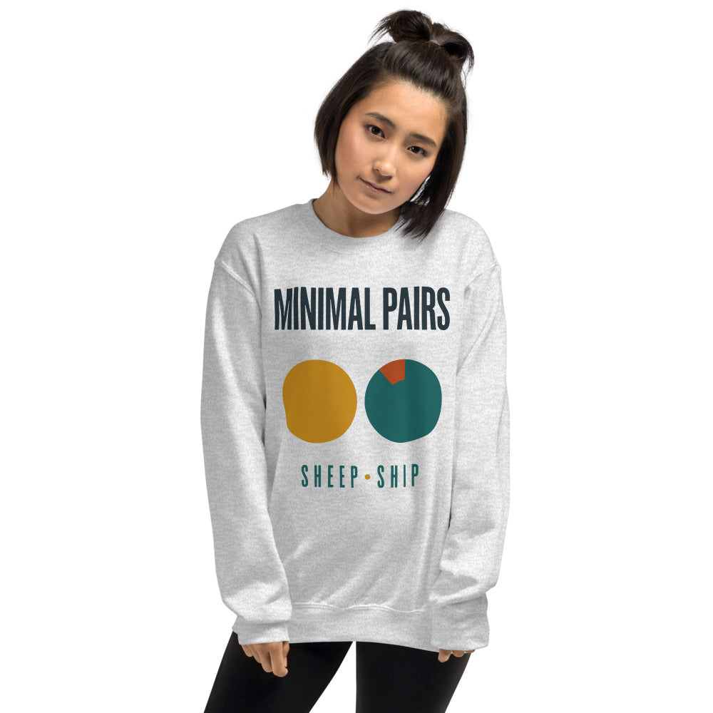 Minimal Pairs speech therapy crewneck sweatshirt — Ash, on model